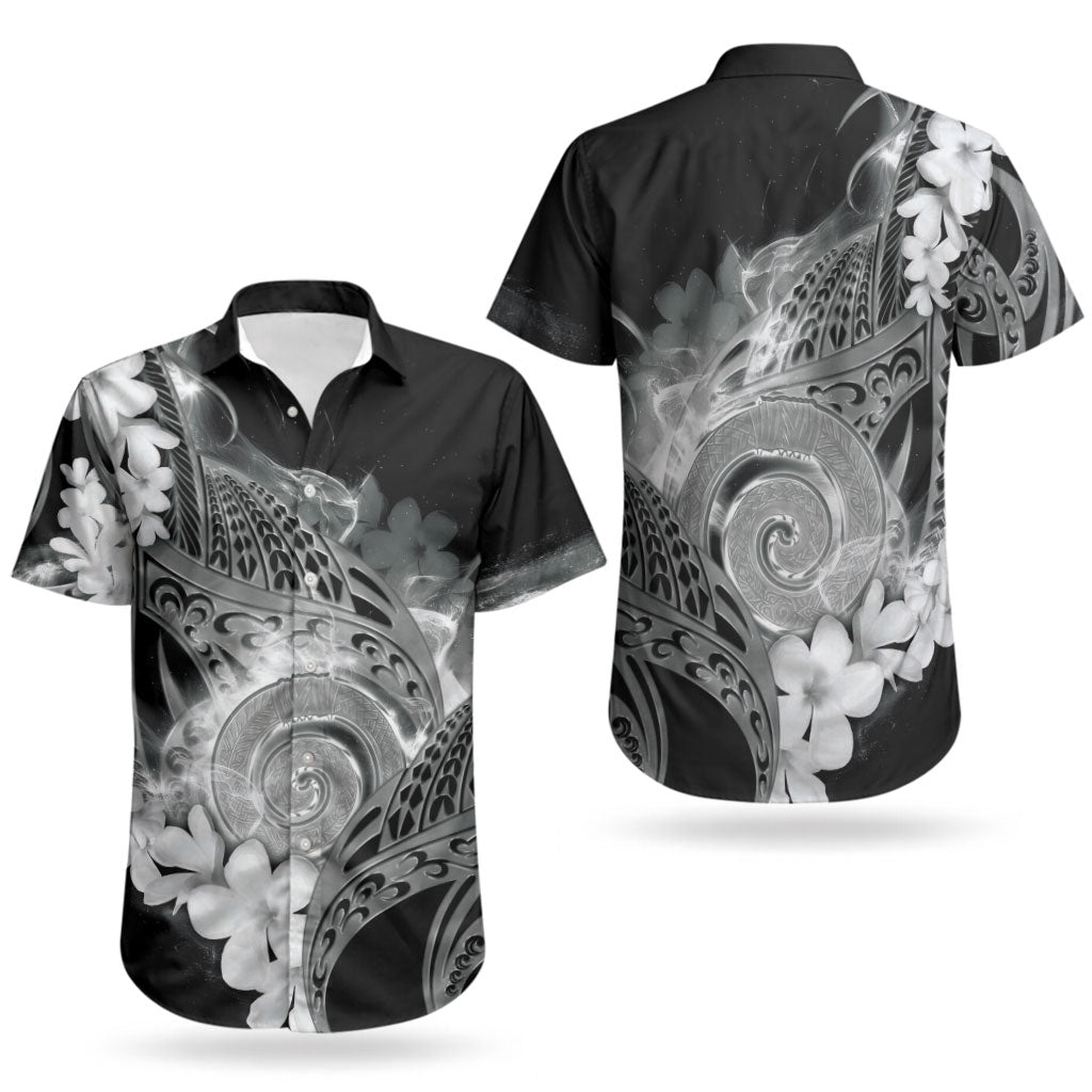 Piko Hawaiian Couples Matching Off The Shoulder Long Sleeve Dress and Hawaiian Shirt Monochrome Galaxy Spiral Plumeria Tribal Patterns