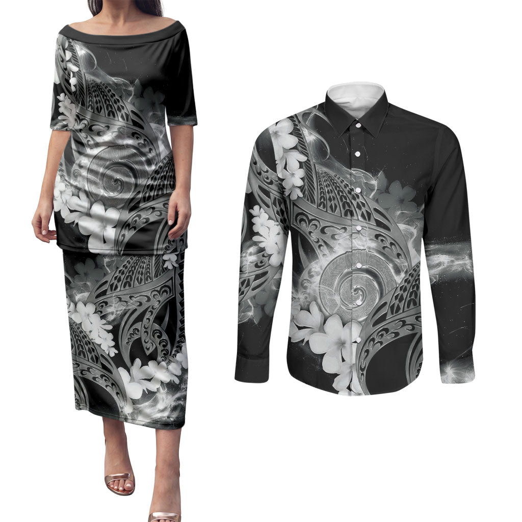 Piko Hawaiian Couples Matching Puletasi and Long Sleeve Button Shirt Monochrome Galaxy Spiral Plumeria Tribal Patterns