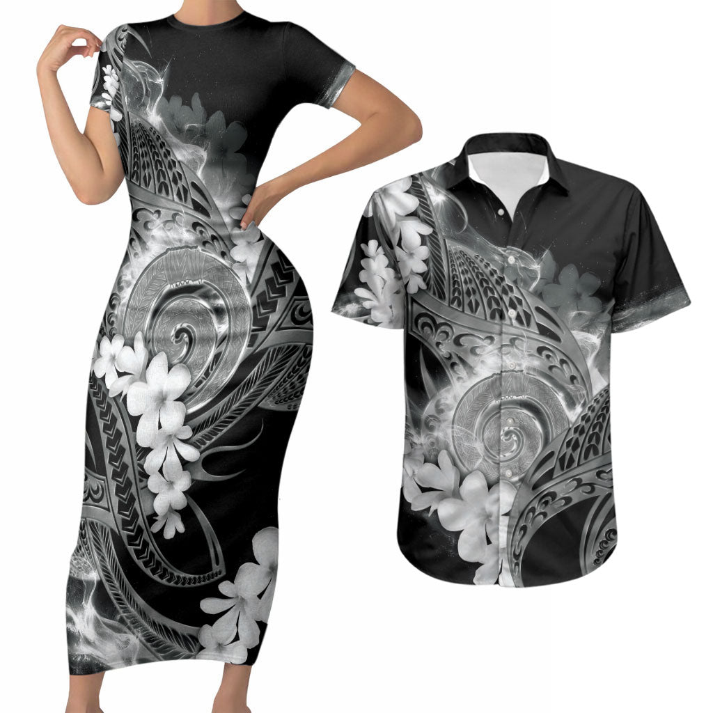 Piko Hawaiian Couples Matching Short Sleeve Bodycon Dress and Hawaiian Shirt Monochrome Galaxy Spiral Plumeria Tribal Patterns