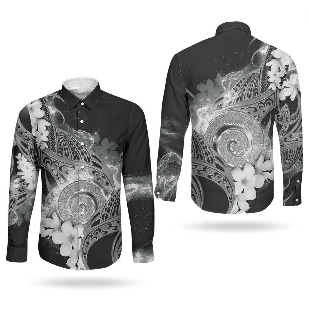 Piko Hawaiian Couples Matching Short Sleeve Bodycon Dress and Long Sleeve Button Shirt Monochrome Galaxy Spiral Plumeria Tribal Patterns