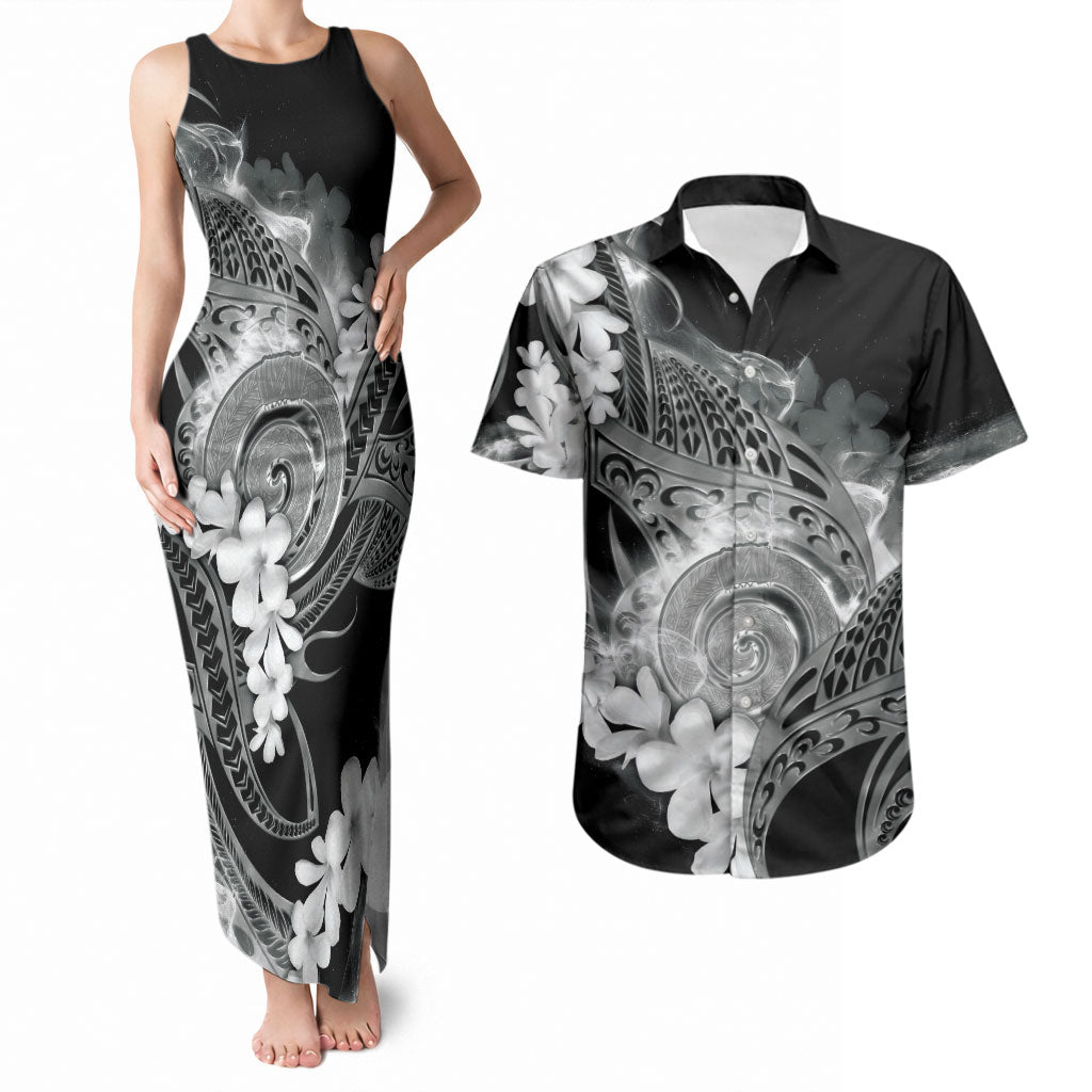 Piko Hawaiian Couples Matching Tank Maxi Dress and Hawaiian Shirt Monochrome Galaxy Spiral Plumeria Tribal Patterns DT05 Black - Polynesian Pride
