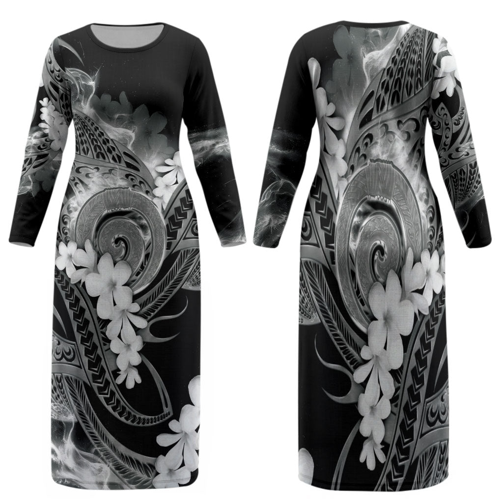 Piko Hawaiian Family Matching Long Sleeve Bodycon Dress and Hawaiian Shirt Monochrome Galaxy Spiral Plumeria Tribal Patterns
