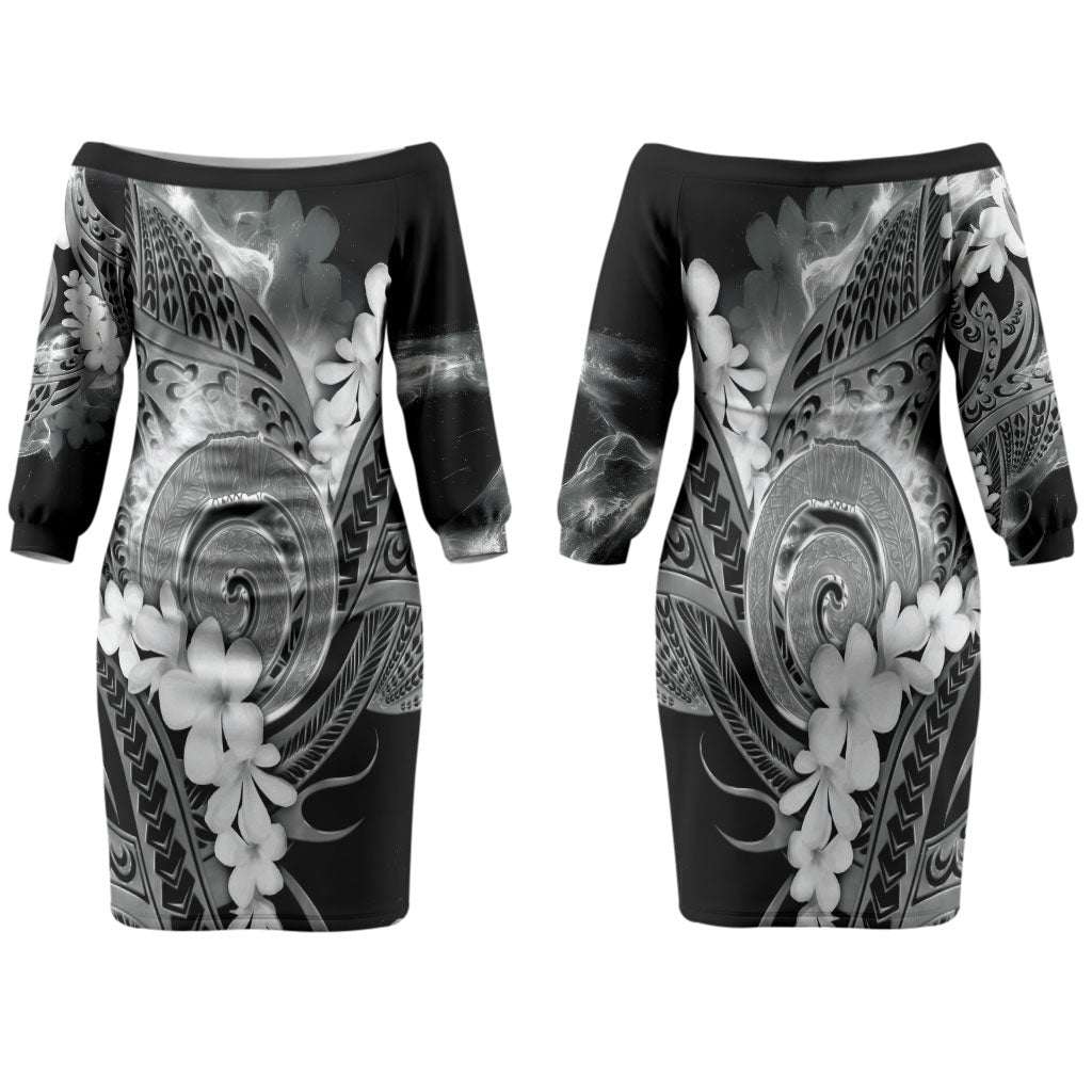 Piko Hawaiian Family Matching Off The Shoulder Long Sleeve Dress and Hawaiian Shirt Monochrome Galaxy Spiral Plumeria Tribal Patterns