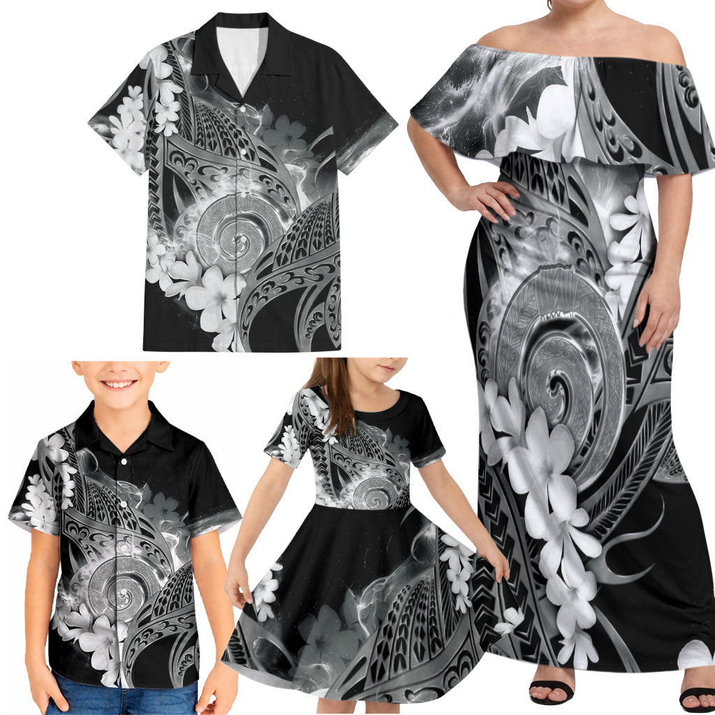 Piko Hawaiian Family Matching Off Shoulder Maxi Dress and Hawaiian Shirt Monochrome Galaxy Spiral Plumeria Tribal Patterns