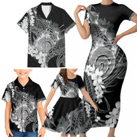 Piko Hawaiian Family Matching Short Sleeve Bodycon Dress and Hawaiian Shirt Monochrome Galaxy Spiral Plumeria Tribal Patterns