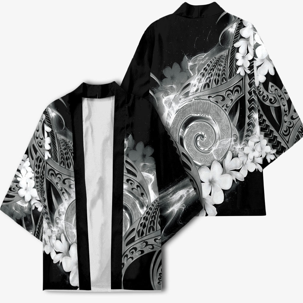 Piko Hawaiian Kimono Monochrome Galaxy Spiral Plumeria Tribal Patterns