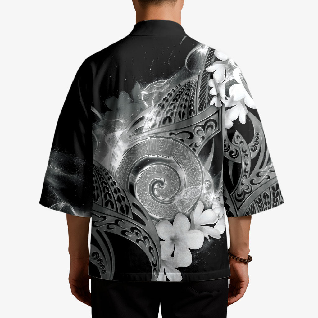 Piko Hawaiian Kimono Monochrome Galaxy Spiral Plumeria Tribal Patterns