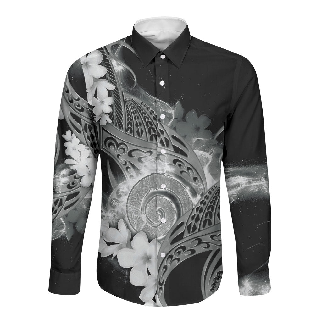 Piko Hawaiian Long Sleeve Button Shirt Monochrome Galaxy Spiral Plumeria Tribal Patterns