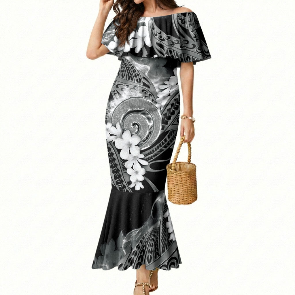 Piko Hawaiian Mermaid Dress Monochrome Galaxy Spiral Plumeria Tribal Patterns