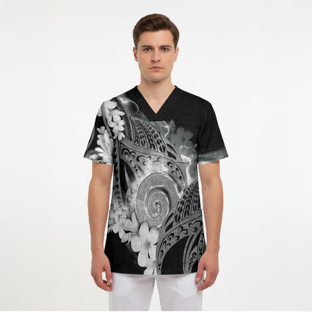 Piko Hawaiian Scrub Top Monochrome Galaxy Spiral Plumeria Tribal Patterns