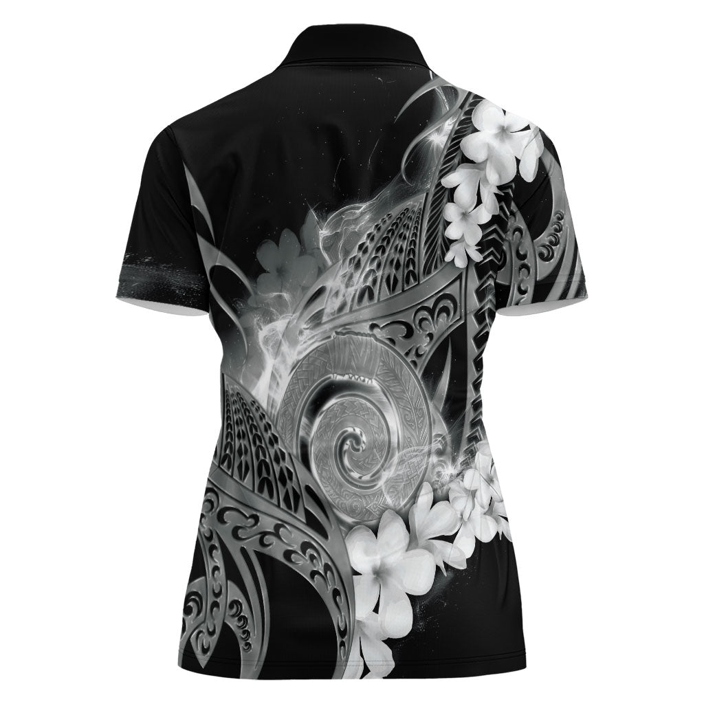 Piko Hawaiian Women Polo Shirt Monochrome Galaxy Spiral Plumeria Tribal Patterns