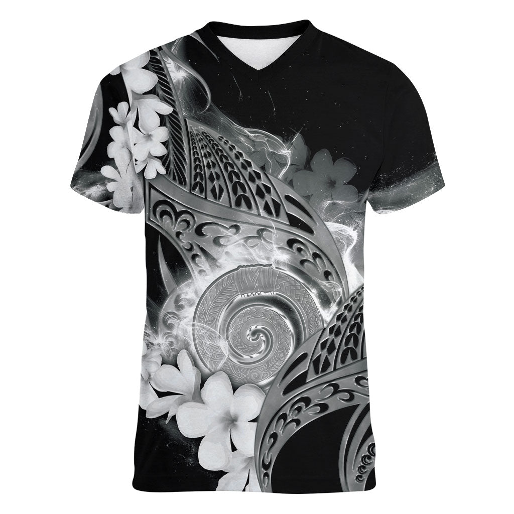 Piko Hawaiian Women V-Neck T-Shirt Monochrome Galaxy Spiral Plumeria Tribal Patterns