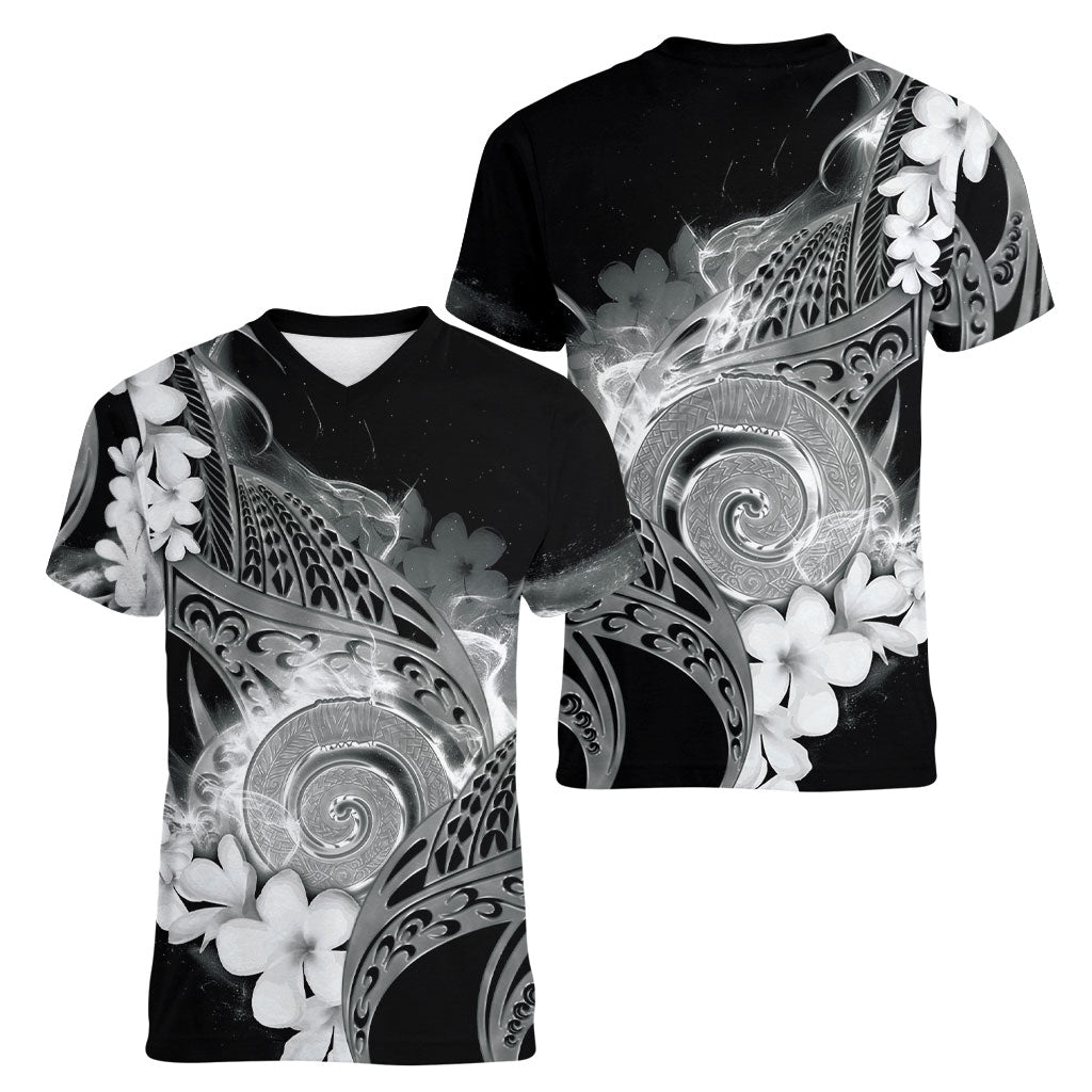 Piko Hawaiian Women V-Neck T-Shirt Monochrome Galaxy Spiral Plumeria Tribal Patterns