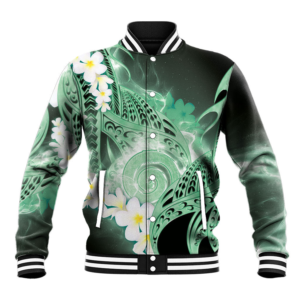 Piko Hawaiian Baseball Jacket Green Galaxy Spiral Plumeria Tribal Patterns