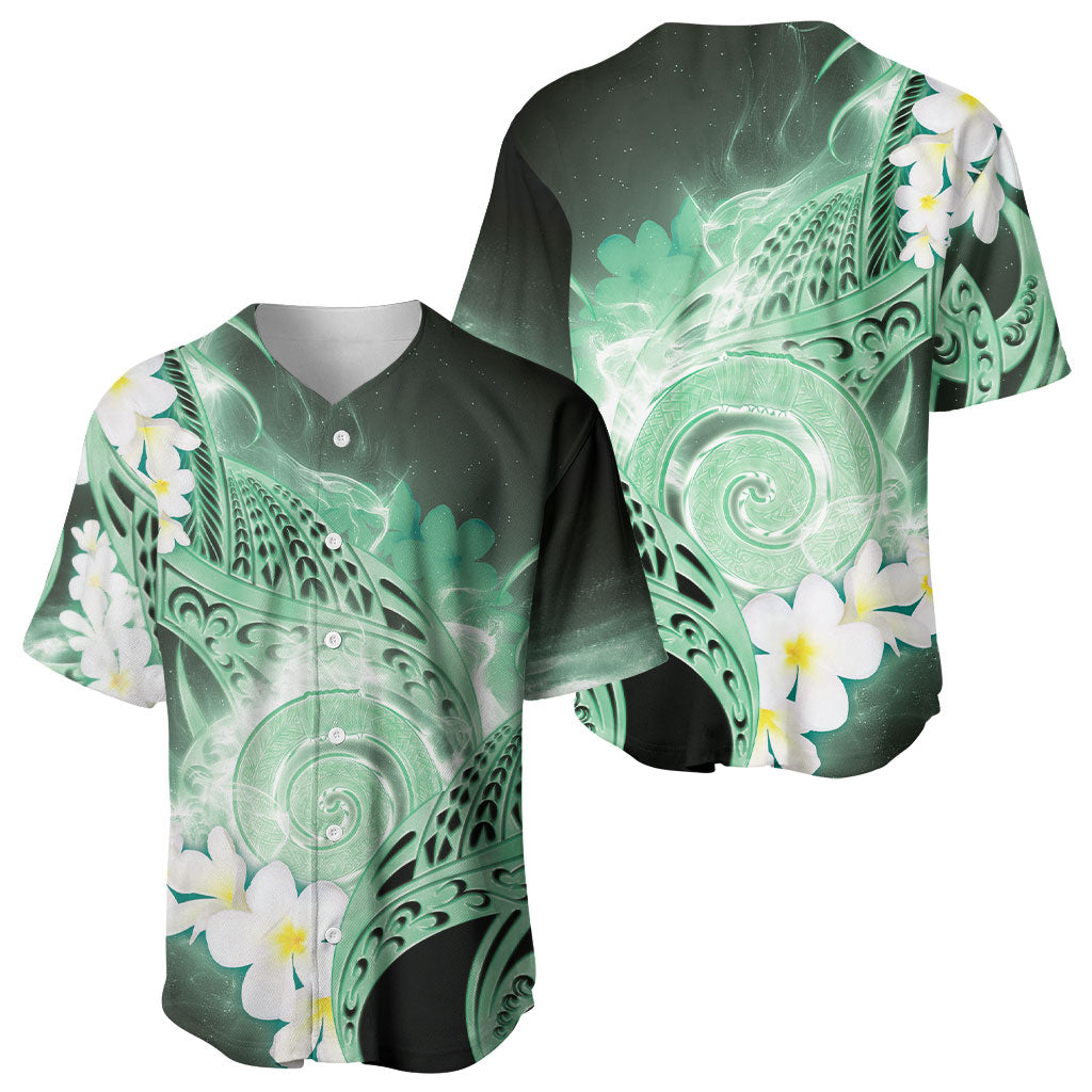 Piko Hawaiian Baseball Jersey Green Galaxy Spiral Plumeria Tribal Patterns
