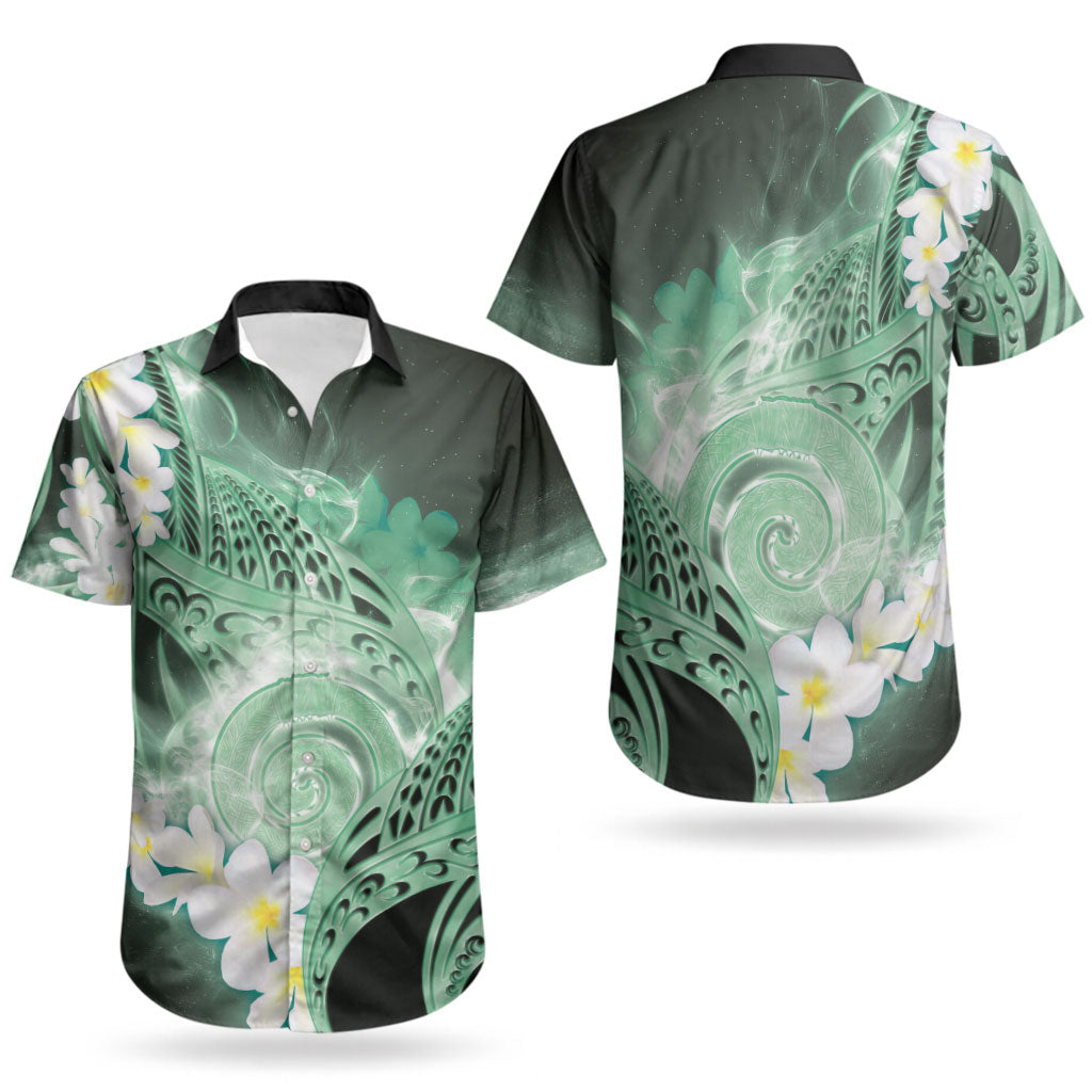 Piko Hawaiian Couples Matching Mermaid Dress and Hawaiian Shirt Green Galaxy Spiral Plumeria Tribal Patterns