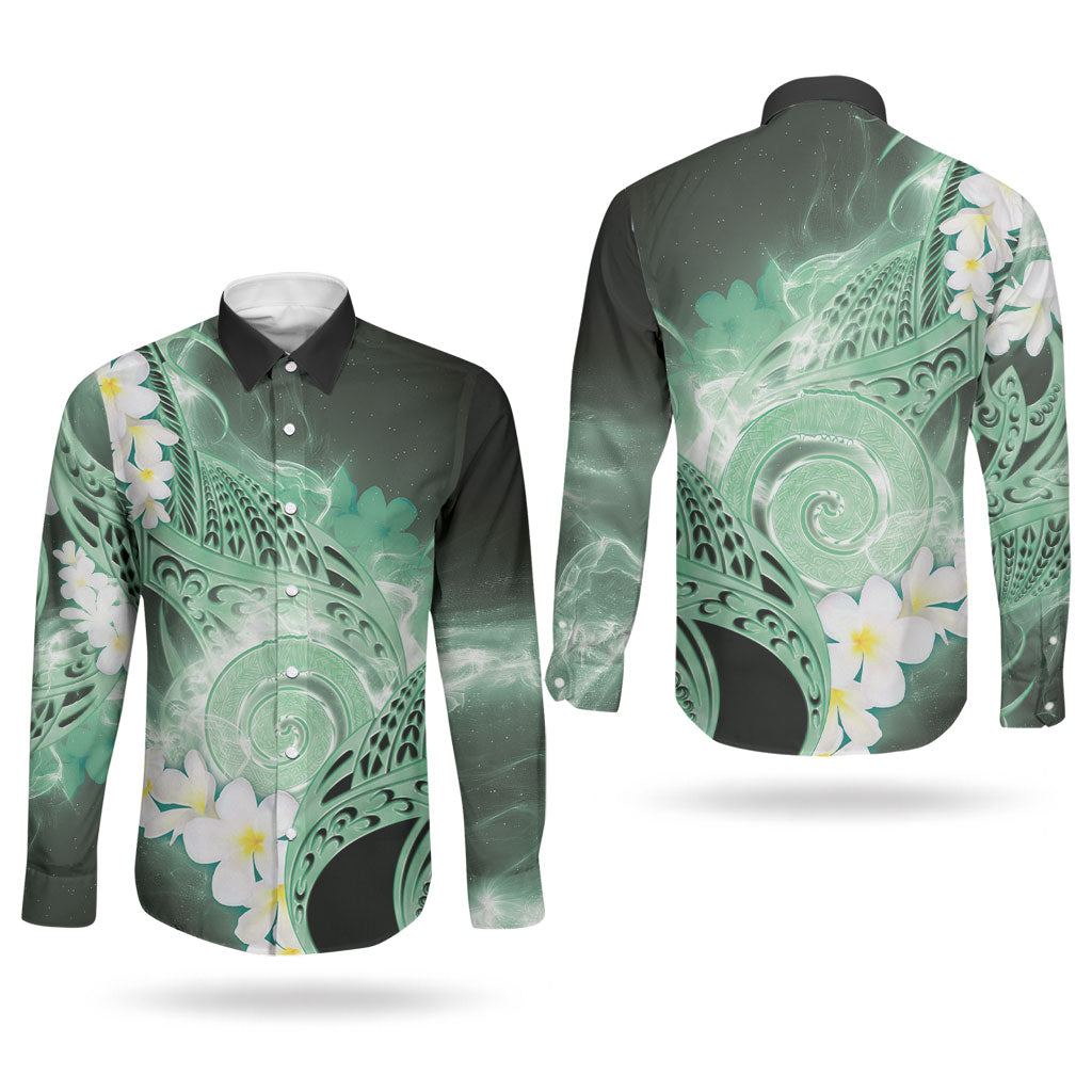 Piko Hawaiian Couples Matching Mermaid Dress and Long Sleeve Button Shirt Green Galaxy Spiral Plumeria Tribal Patterns