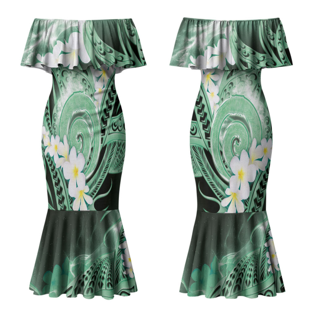 Piko Hawaiian Couples Matching Mermaid Dress and Long Sleeve Button Shirt Green Galaxy Spiral Plumeria Tribal Patterns