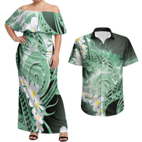 Piko Hawaiian Couples Matching Off Shoulder Maxi Dress and Hawaiian Shirt Green Galaxy Spiral Plumeria Tribal Patterns