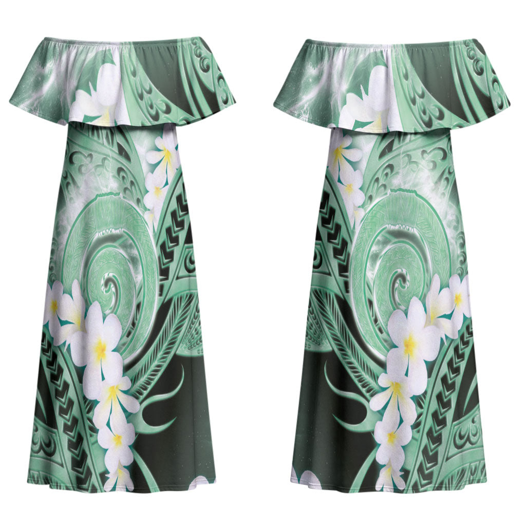 Piko Hawaiian Couples Matching Off Shoulder Maxi Dress and Hawaiian Shirt Green Galaxy Spiral Plumeria Tribal Patterns