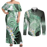 Piko Hawaiian Couples Matching Off Shoulder Maxi Dress and Long Sleeve Button Shirt Green Galaxy Spiral Plumeria Tribal Patterns