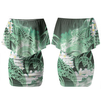 Piko Hawaiian Couples Matching Off Shoulder Short Dress and Hawaiian Shirt Green Galaxy Spiral Plumeria Tribal Patterns