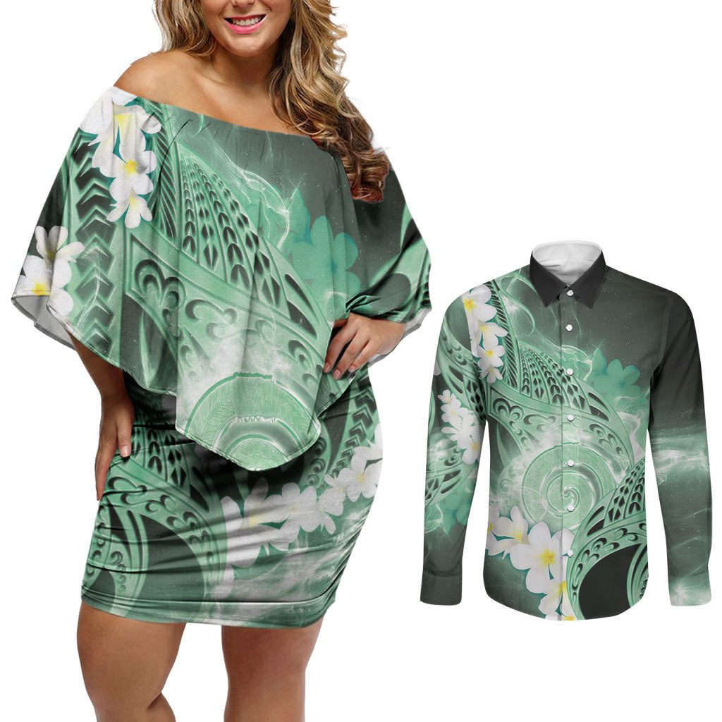Piko Hawaiian Couples Matching Off Shoulder Short Dress and Long Sleeve Button Shirt Green Galaxy Spiral Plumeria Tribal Patterns