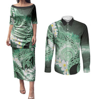 Piko Hawaiian Couples Matching Puletasi and Long Sleeve Button Shirt Green Galaxy Spiral Plumeria Tribal Patterns