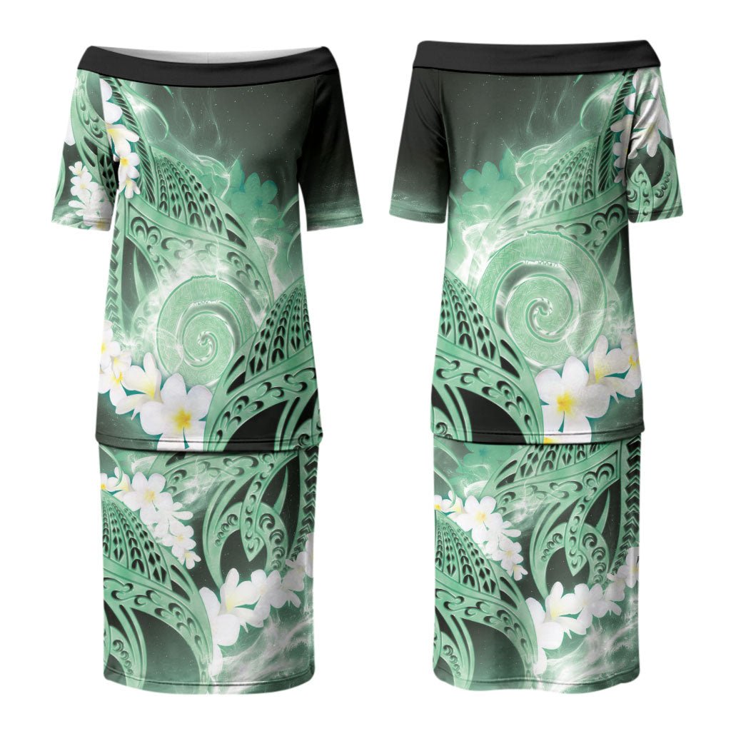Piko Hawaiian Couples Matching Puletasi and Long Sleeve Button Shirt Green Galaxy Spiral Plumeria Tribal Patterns