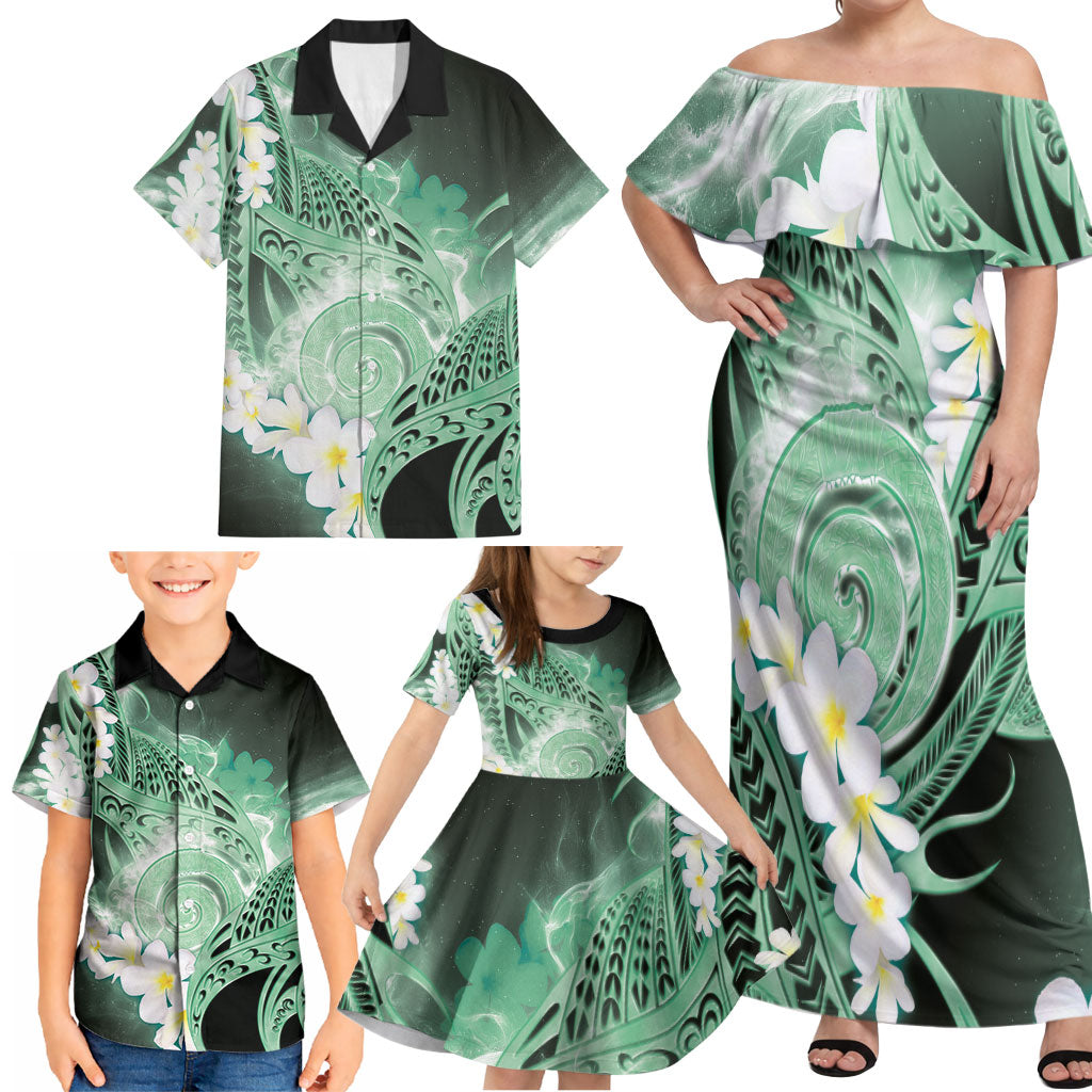 Piko Hawaiian Family Matching Off Shoulder Maxi Dress and Hawaiian Shirt Green Galaxy Spiral Plumeria Tribal Patterns
