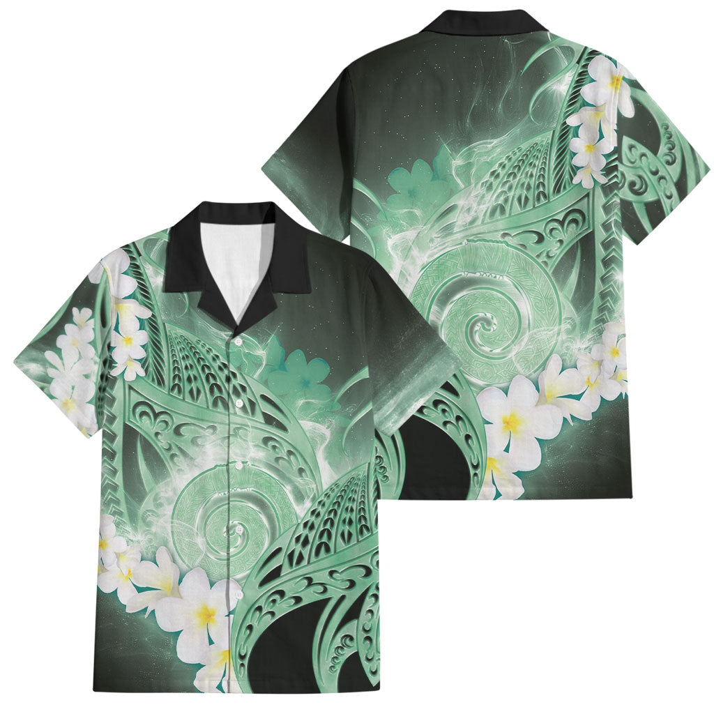 Piko Hawaiian Family Matching Off Shoulder Maxi Dress and Hawaiian Shirt Green Galaxy Spiral Plumeria Tribal Patterns