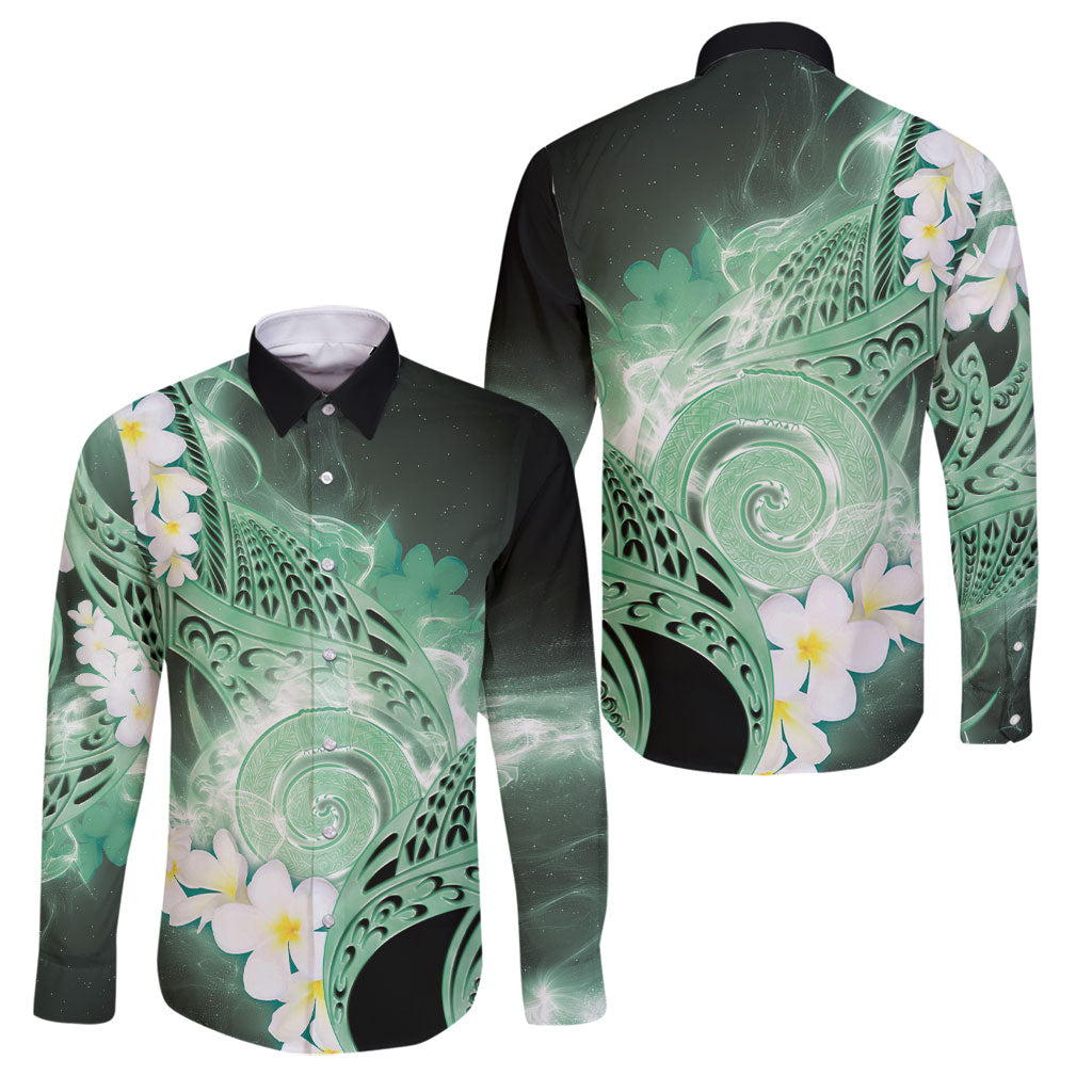 Piko Hawaiian Family Matching Off Shoulder Maxi Dress and Hawaiian Shirt Green Galaxy Spiral Plumeria Tribal Patterns