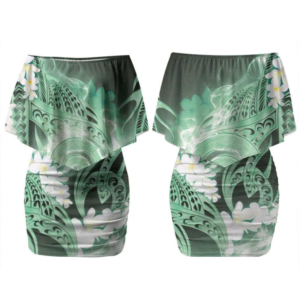 Piko Hawaiian Family Matching Off Shoulder Short Dress and Hawaiian Shirt Green Galaxy Spiral Plumeria Tribal Patterns