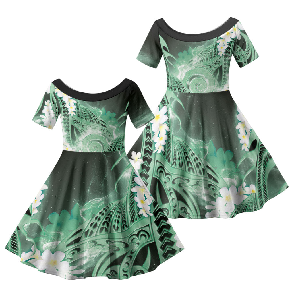 Piko Hawaiian Family Matching Off Shoulder Short Dress and Hawaiian Shirt Green Galaxy Spiral Plumeria Tribal Patterns