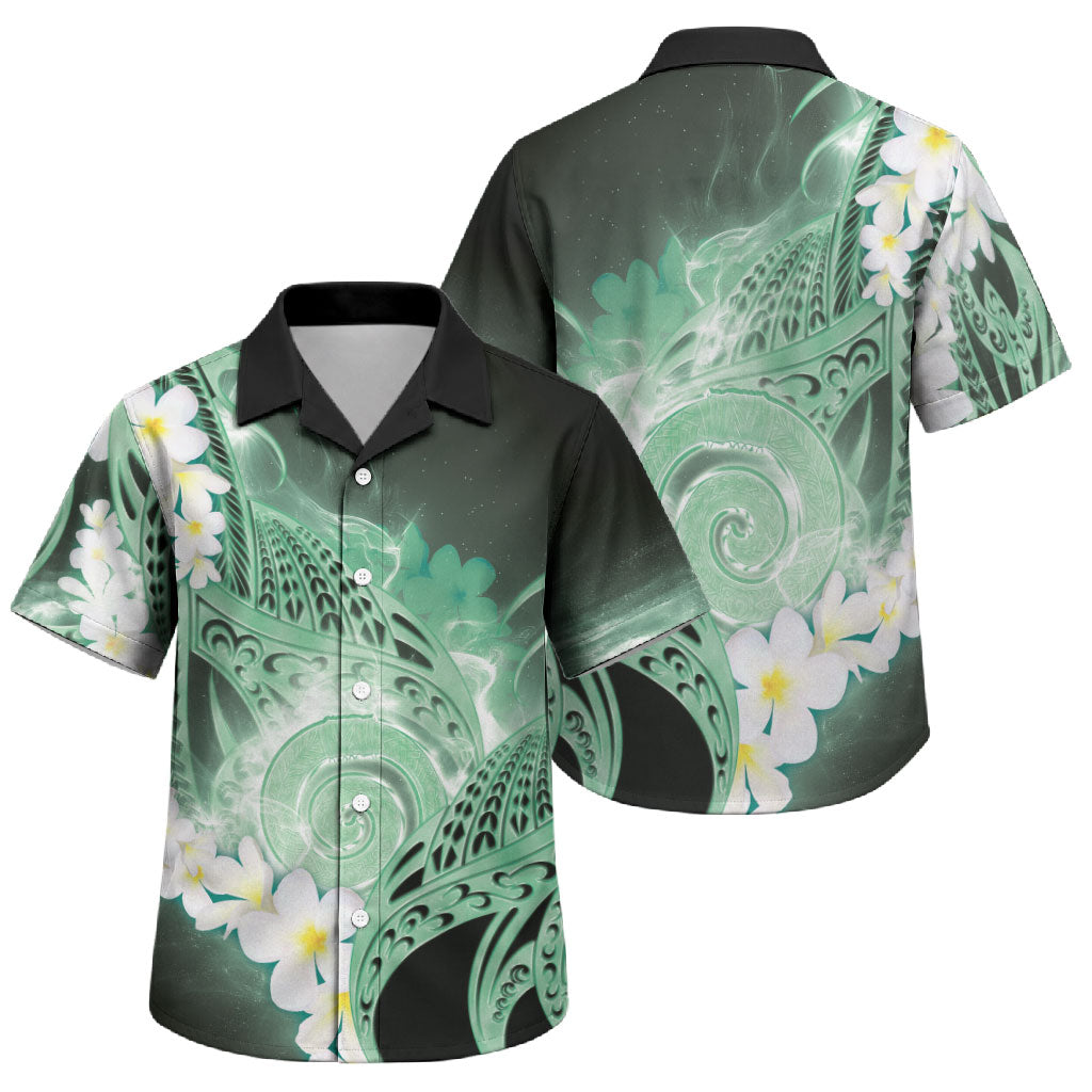 Piko Hawaiian Family Matching Off Shoulder Short Dress and Hawaiian Shirt Green Galaxy Spiral Plumeria Tribal Patterns