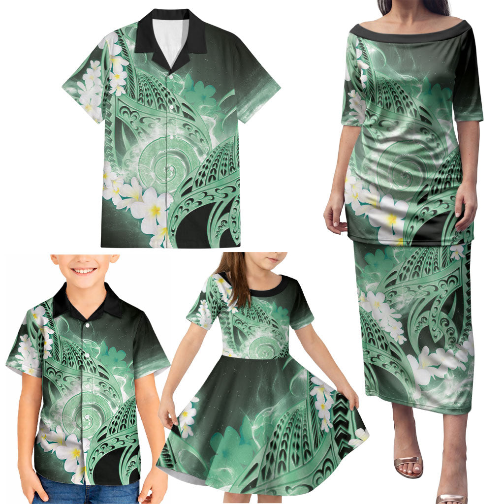 Piko Hawaiian Family Matching Puletasi and Hawaiian Shirt Green Galaxy Spiral Plumeria Tribal Patterns