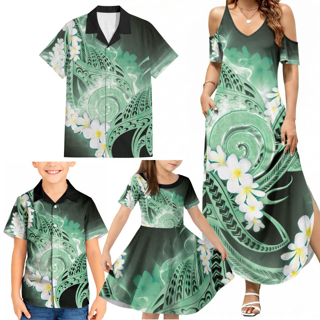 Piko Hawaiian Family Matching Summer Maxi Dress and Hawaiian Shirt Green Galaxy Spiral Plumeria Tribal Patterns