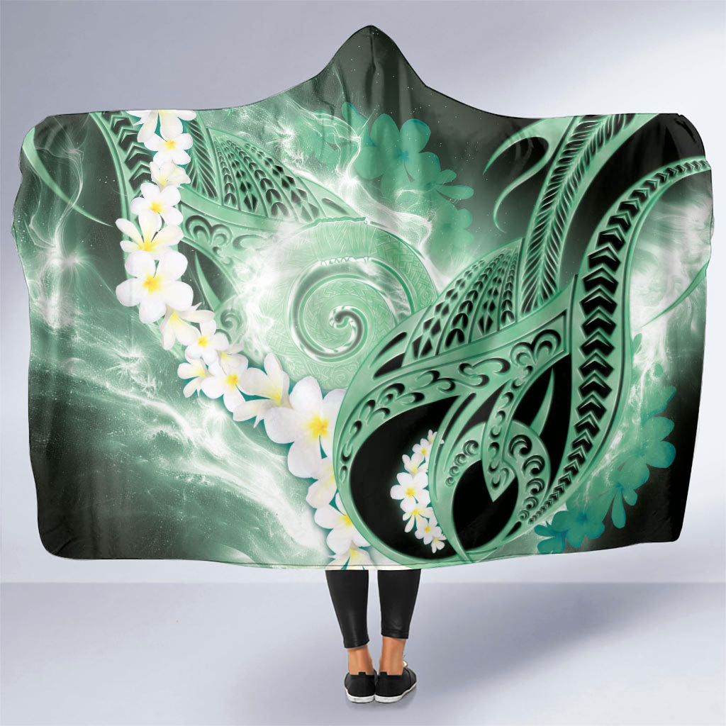 Piko Hawaiian Hooded Blanket Green Galaxy Spiral Plumeria Tribal Patterns