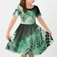 Piko Hawaiian Kid Short Sleeve Dress Green Galaxy Spiral Plumeria Tribal Patterns