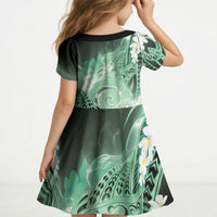 Piko Hawaiian Kid Short Sleeve Dress Green Galaxy Spiral Plumeria Tribal Patterns