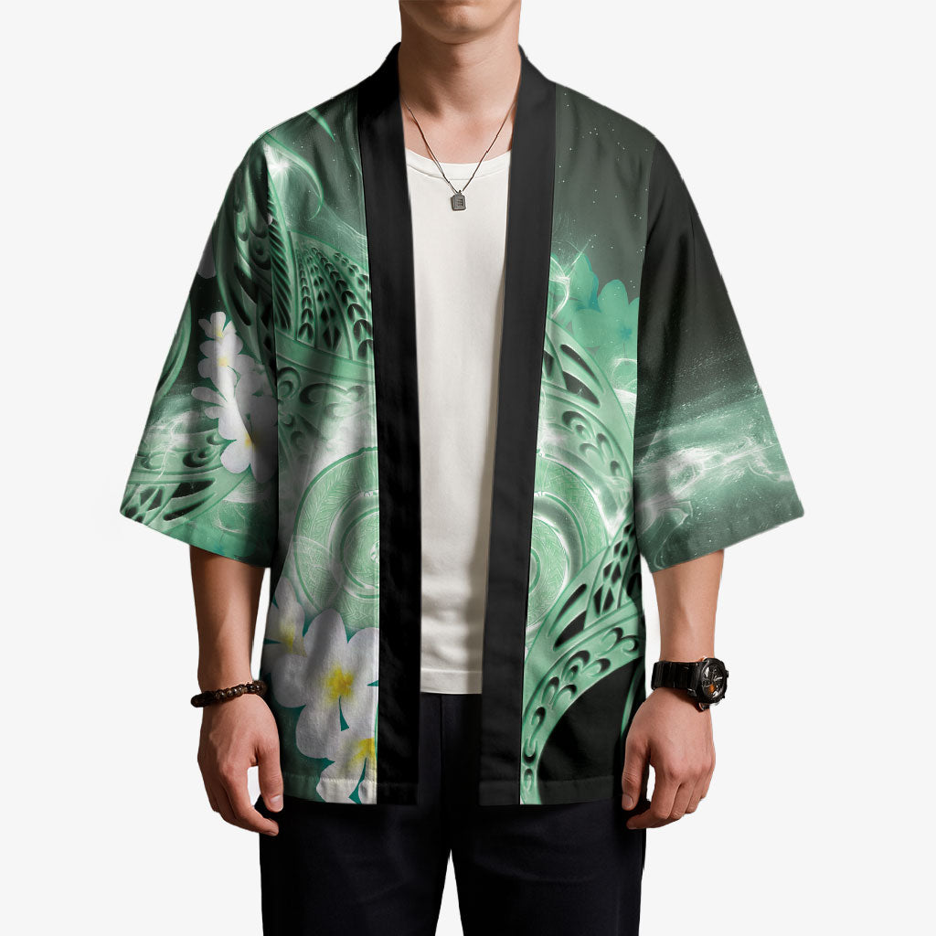 Piko Hawaiian Kimono Green Galaxy Spiral Plumeria Tribal Patterns