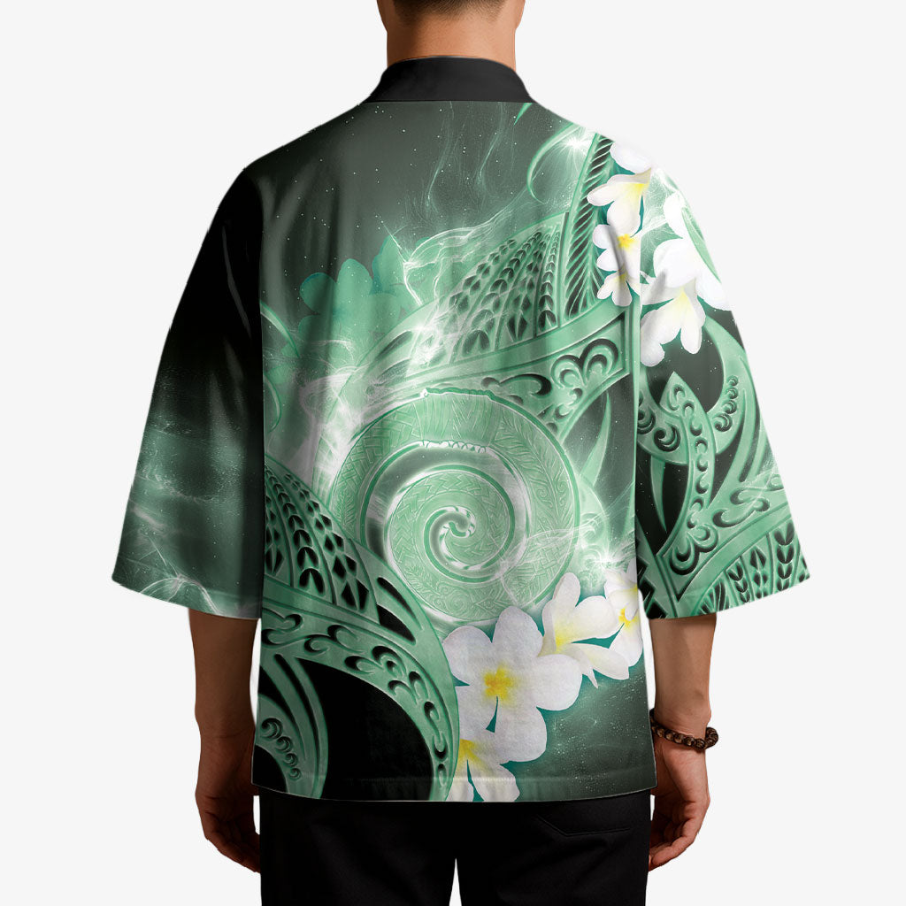 Piko Hawaiian Kimono Green Galaxy Spiral Plumeria Tribal Patterns