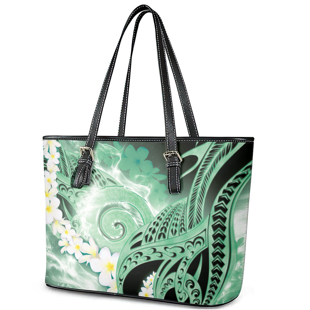 Piko Hawaiian Leather Tote Bag Green Galaxy Spiral Plumeria Tribal Patterns