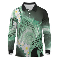 Piko Hawaiian Long Sleeve Polo Shirt Green Galaxy Spiral Plumeria Tribal Patterns