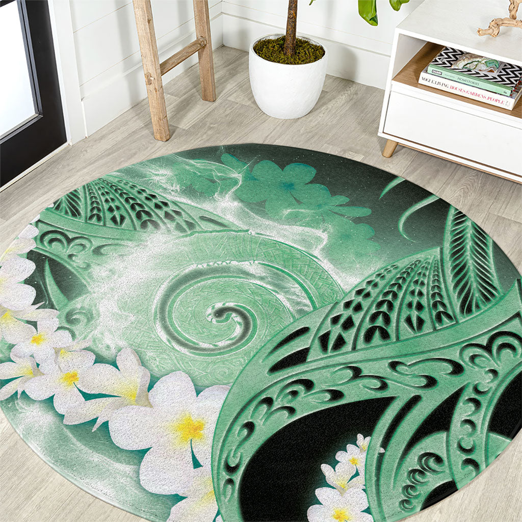 Piko Hawaiian Round Carpet Green Galaxy Spiral Plumeria Tribal Patterns