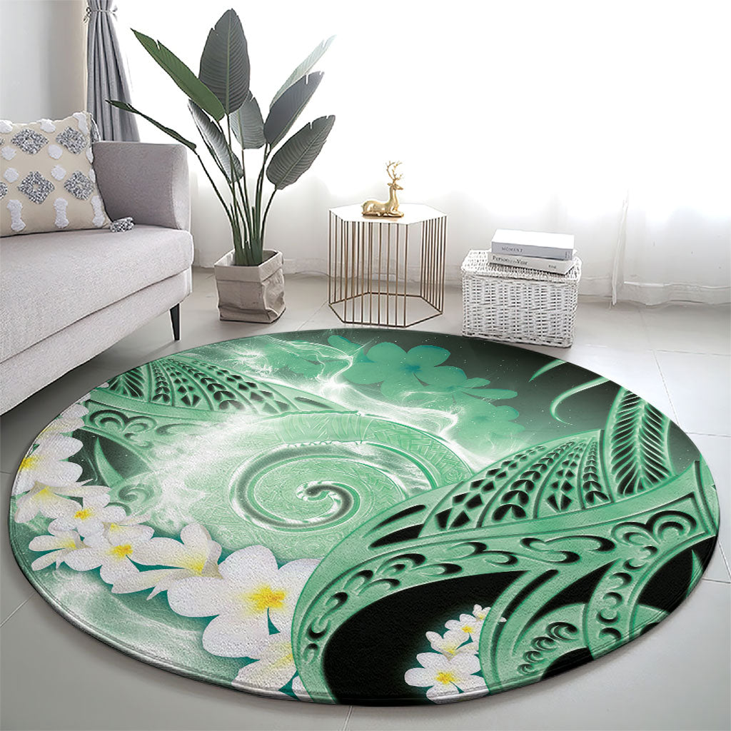 Piko Hawaiian Round Carpet Green Galaxy Spiral Plumeria Tribal Patterns
