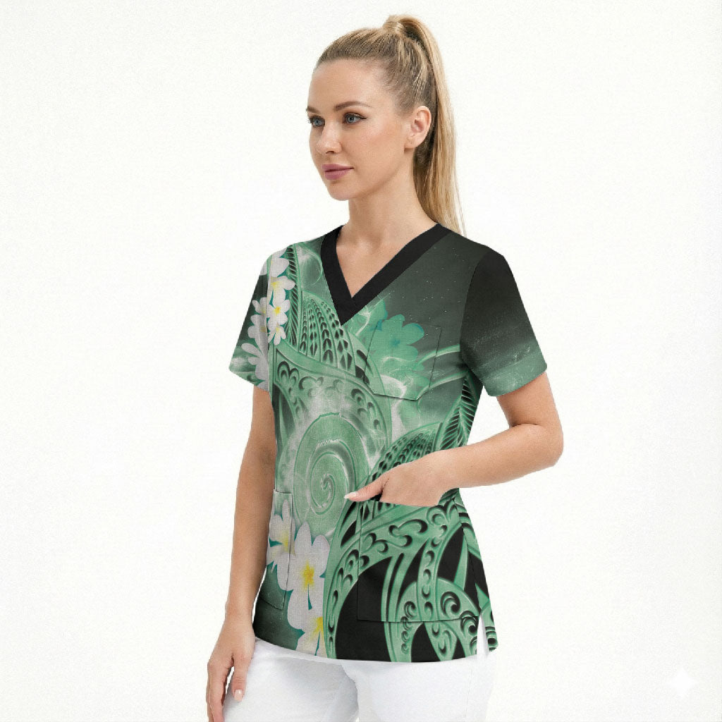 Piko Hawaiian Scrub Top Green Galaxy Spiral Plumeria Tribal Patterns