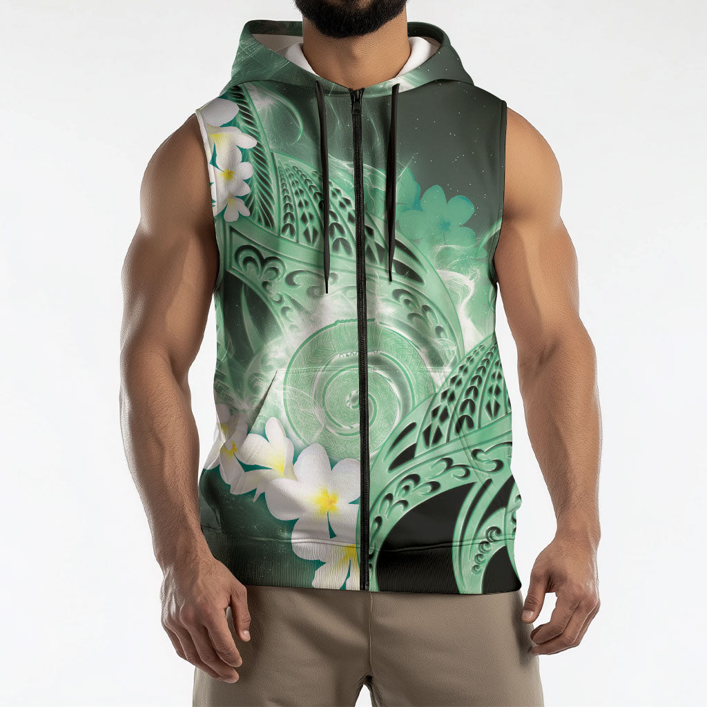 Piko Hawaiian Sleeveless Zip Hoodie Green Galaxy Spiral Plumeria Tribal Patterns