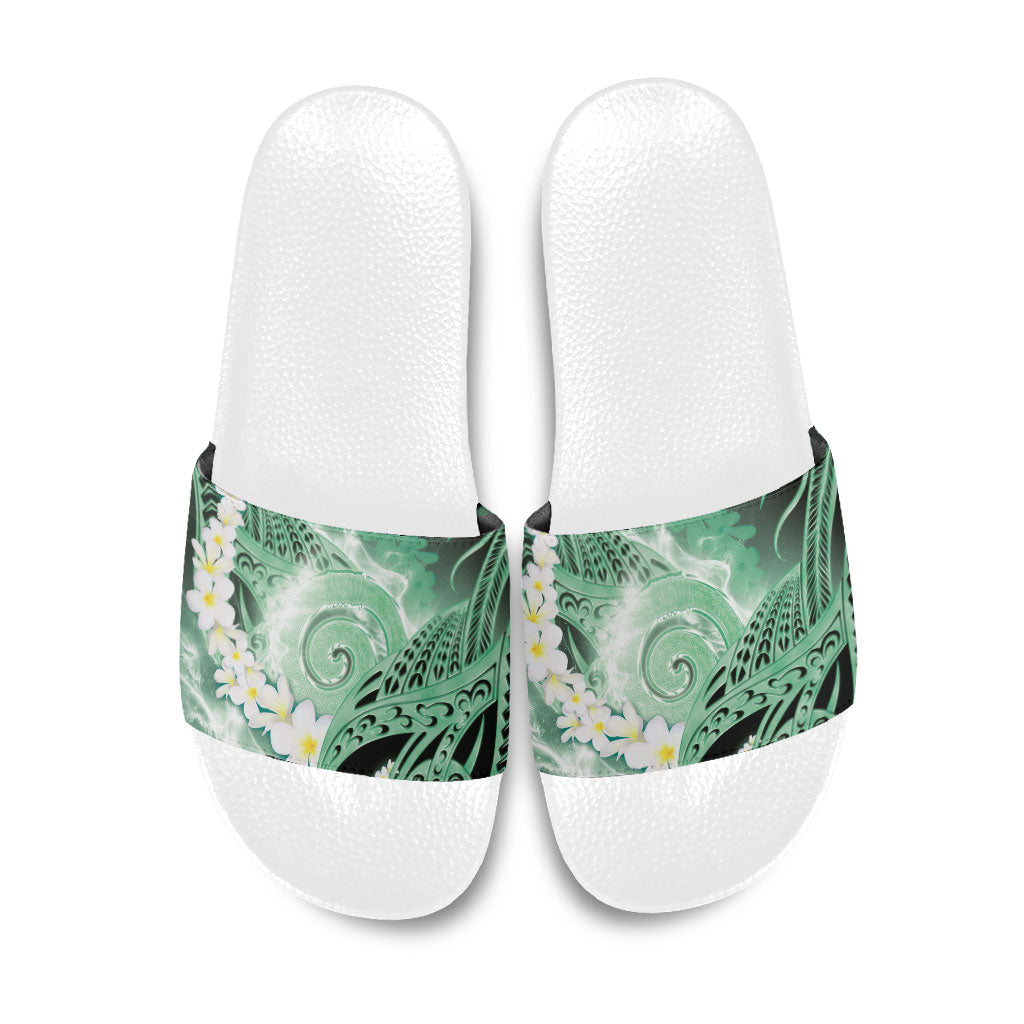 Piko Hawaiian Slide Sandals Green Galaxy Spiral Plumeria Tribal Patterns
