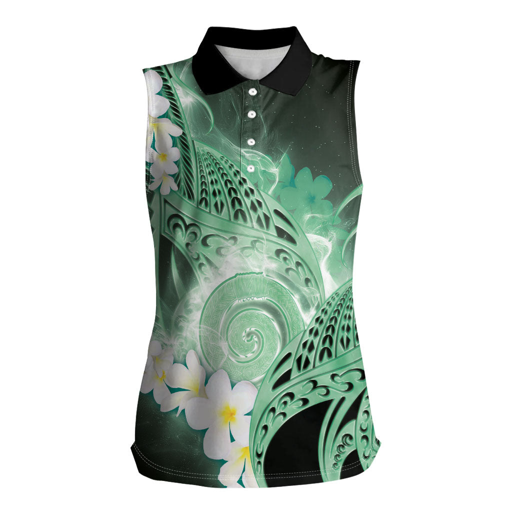Piko Hawaiian Women Sleeveless Polo Shirt Green Galaxy Spiral Plumeria Tribal Patterns
